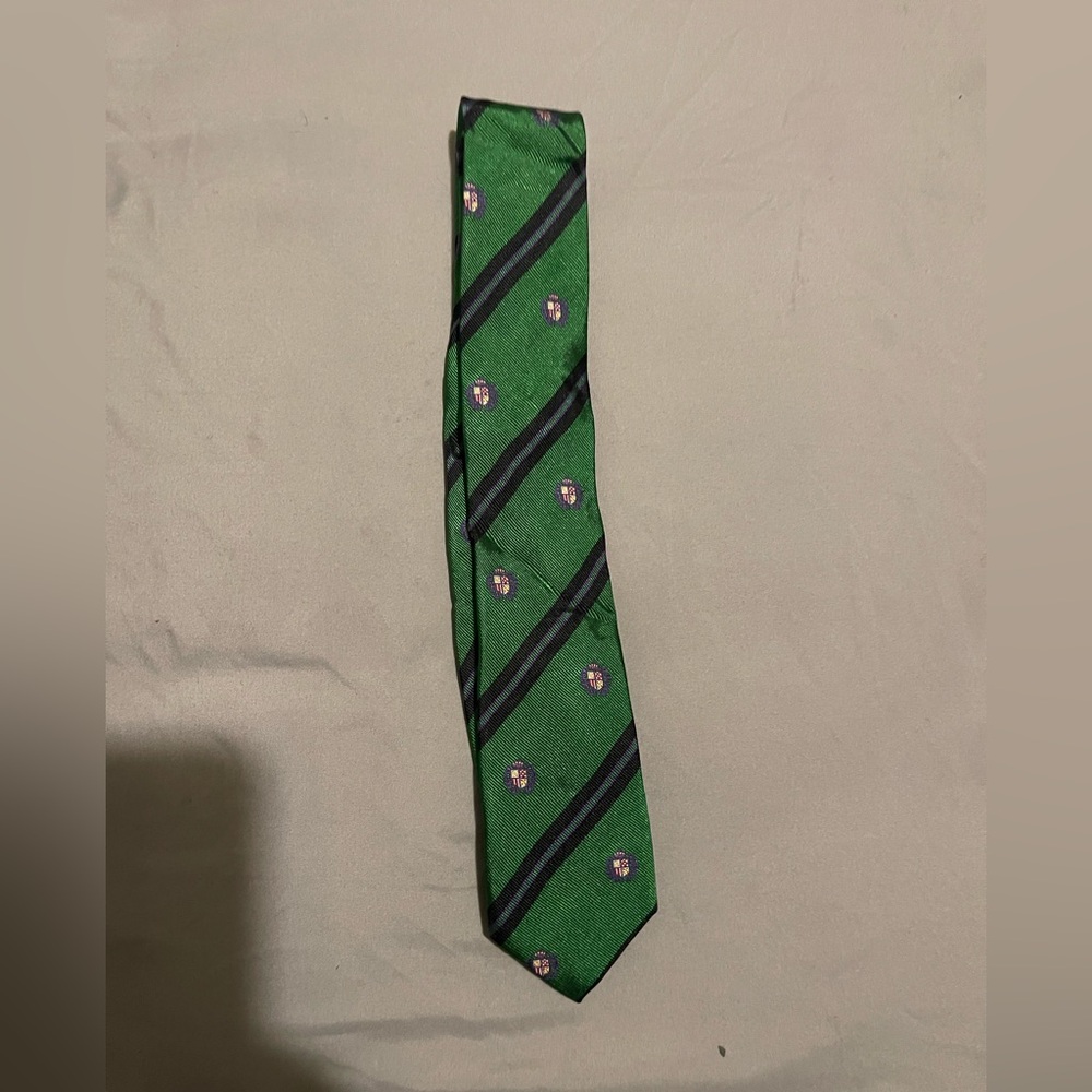 Ben Sherman Green Tie with Black Stripes and Pink Dots
